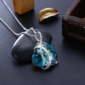 925 Sterling Silver Fashion Romantic Heart Pendant with Blue Austrian Element Crystal and Long Necklace - Glamorousky