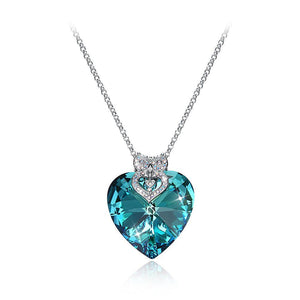 925 Sterling Silver Fashion Elegant Owl Heart Pendant with Blue Austrian Element Crystal and Long Necklace - Glamorousky