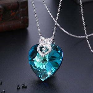 925 Sterling Silver Fashion Elegant Owl Heart Pendant with Blue Austrian Element Crystal and Long Necklace - Glamorousky