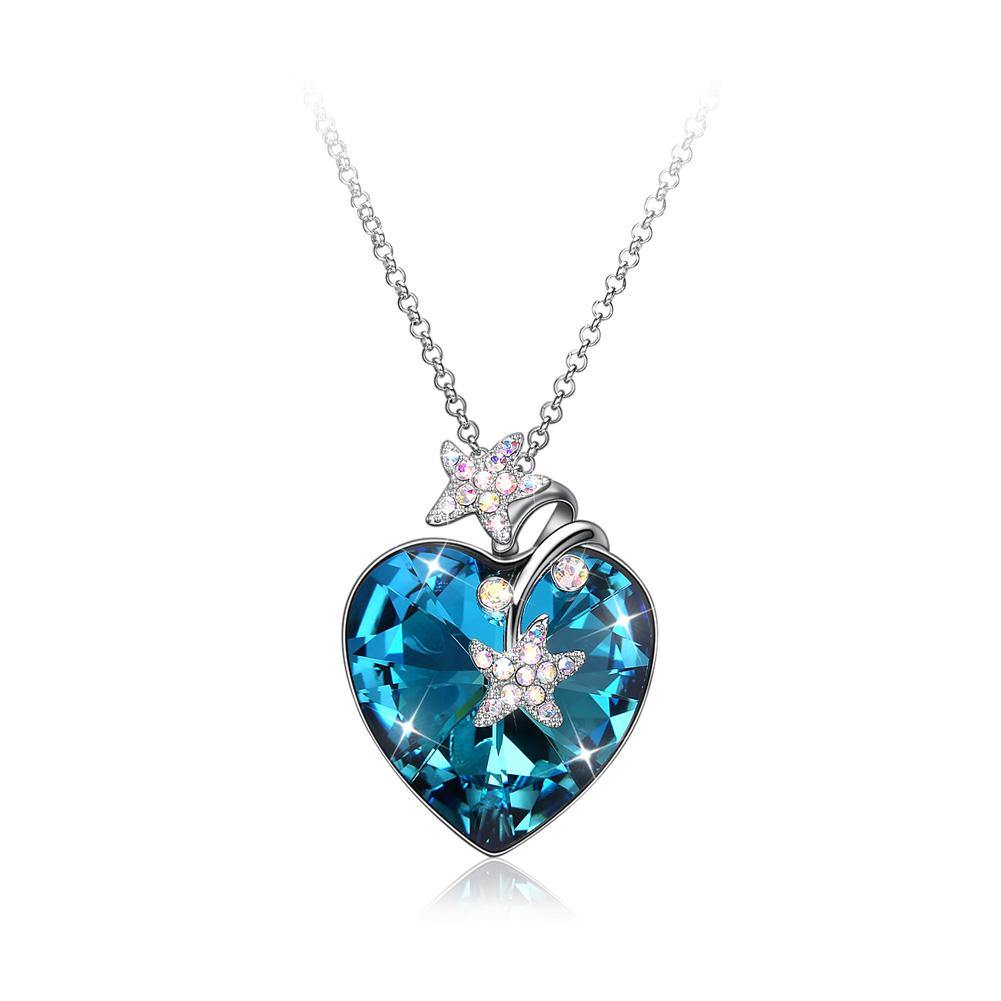 925 Sterling Silver Fashion Star Heart Pendant with Blue Austrian Element Crystal and Long Necklace - Glamorousky