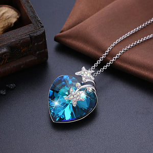 925 Sterling Silver Fashion Star Heart Pendant with Blue Austrian Element Crystal and Long Necklace - Glamorousky