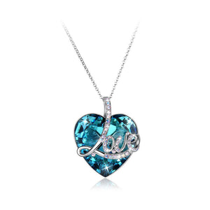 925 Sterling Silver Fashion Heart-shaped Love Pendant with Blue Austrian Element Crystal and Long Necklace - Glamorousky