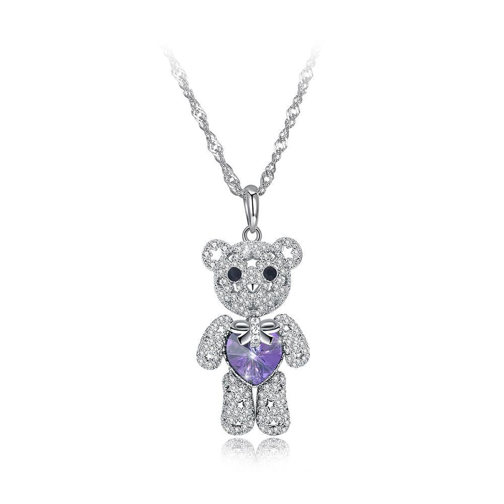925 Sterling Silver Fashion Cute Bear Pendant with Purple Austrian Element Crystal and Necklace - Glamorousky