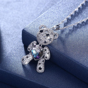 925 Sterling Silver Fashion Cute Bear Pendant with Purple Austrian Element Crystal and Necklace - Glamorousky