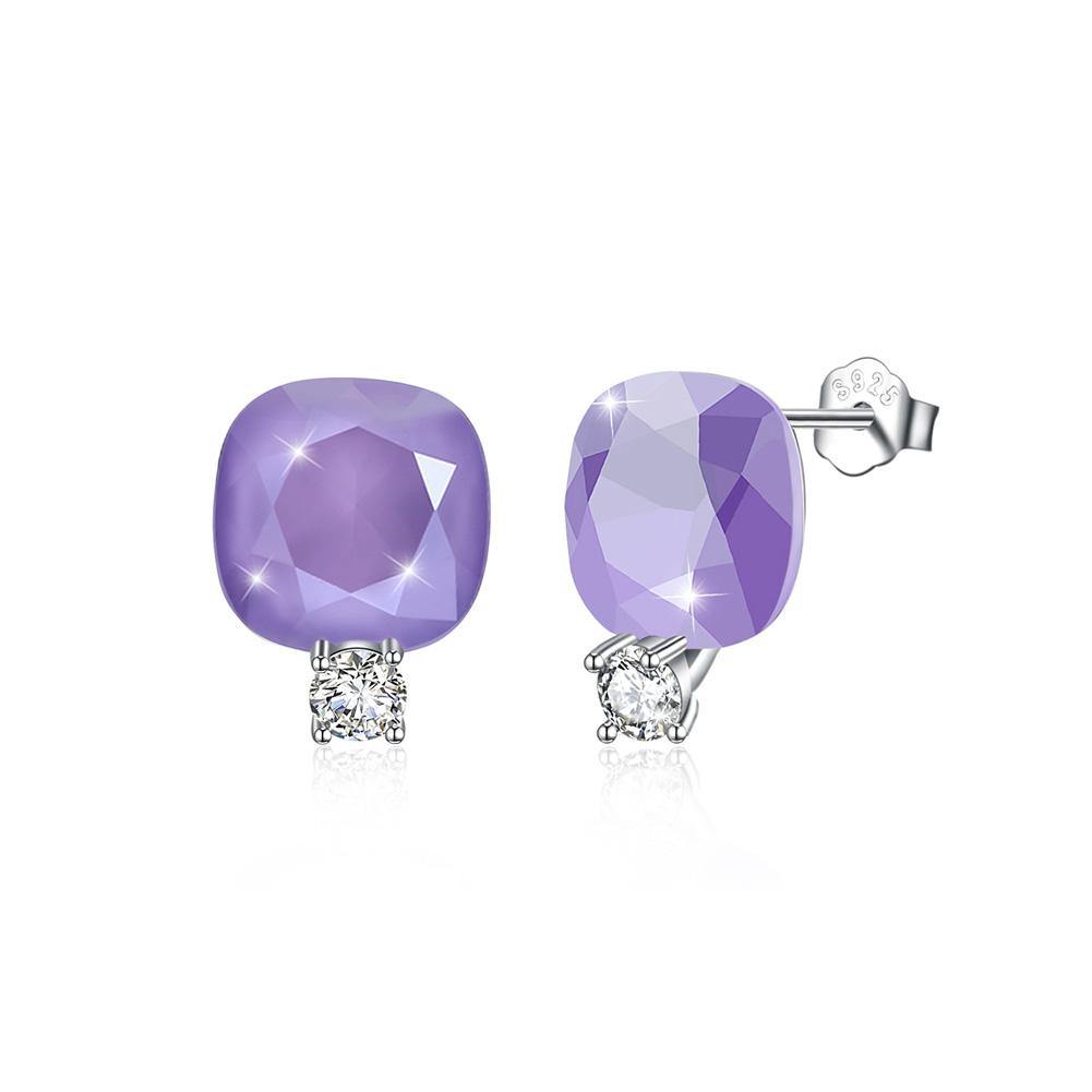 925 Sterling Silver Fashion Simple Geometric Square Stud Earrings with Purple Austrian Element Crystal - Glamorousky