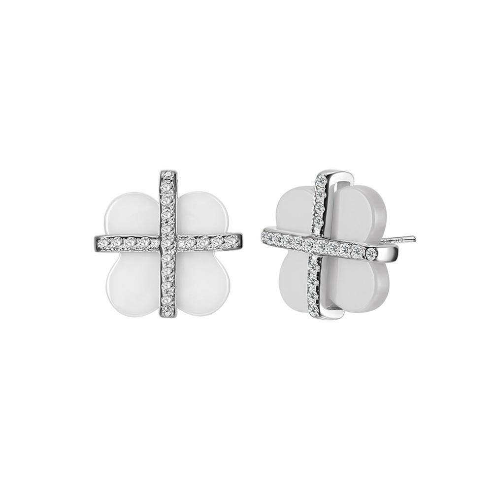 925 Sterling Silver Fashion Simple Four-leafed Clover Cubic Zircon White Ceramic Stud Earrings - Glamorousky
