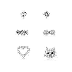 925 Sterling Silver Fashion Simple Cat and Fish Three-Piece Stud Earrings - Glamorousky