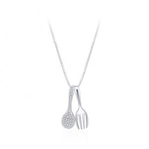 925 Sterling Silver Fashion Creative Spoon Fork Pendant with Cubic Zircon and Necklace - Glamorousky
