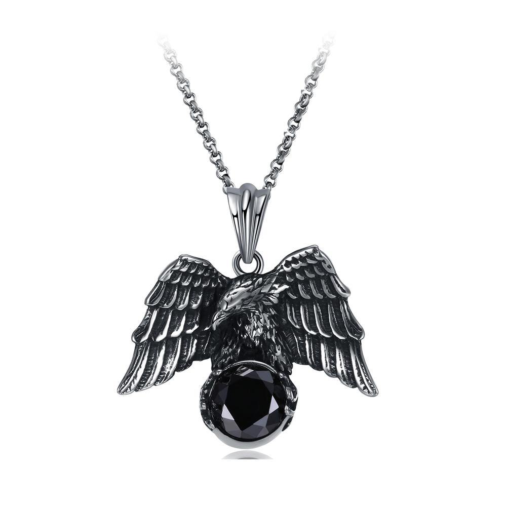 Fashion Personality Titanium Steel Eagle Pendant with Black Cubic Zircon and Necklace - Glamorousky