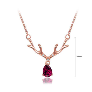 Fashion Romantic Plated Rose Gold Christmas Antler Necklace with Red Cubic Zircon - Glamorousky