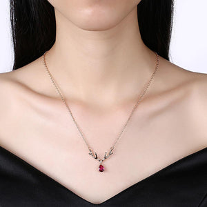 Fashion Romantic Plated Rose Gold Christmas Antler Necklace with Red Cubic Zircon - Glamorousky