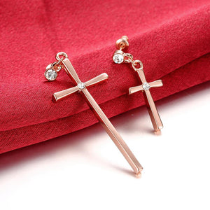 Fashion Simple Plated Rose Gold Cross Earrings with Cubic Zircon - Glamorousky