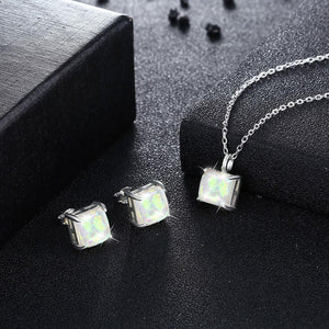 925 Sterling Silver Fashion Elegant Geometric Square Pendant Necklace and Earring Set with White Austrian Element Crystal - Glamorousky