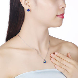 925 Sterling Silver Fashion Elegant Geometric Square Pendant Necklace and Earring Set with Blue Austrian Element Crystal - Glamorousky