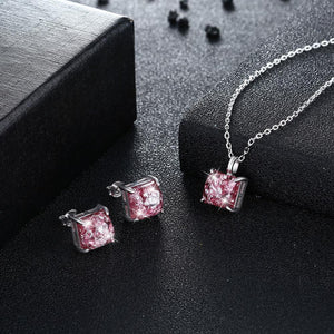 925 Sterling Silver Fashion Elegant Geometric Square Pendant Necklace and Earring Set with Pink Austrian Element Crystal - Glamorousky