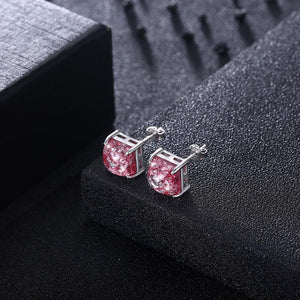 925 Sterling Silver Fashion Elegant Geometric Square Pendant Necklace and Earring Set with Pink Austrian Element Crystal - Glamorousky