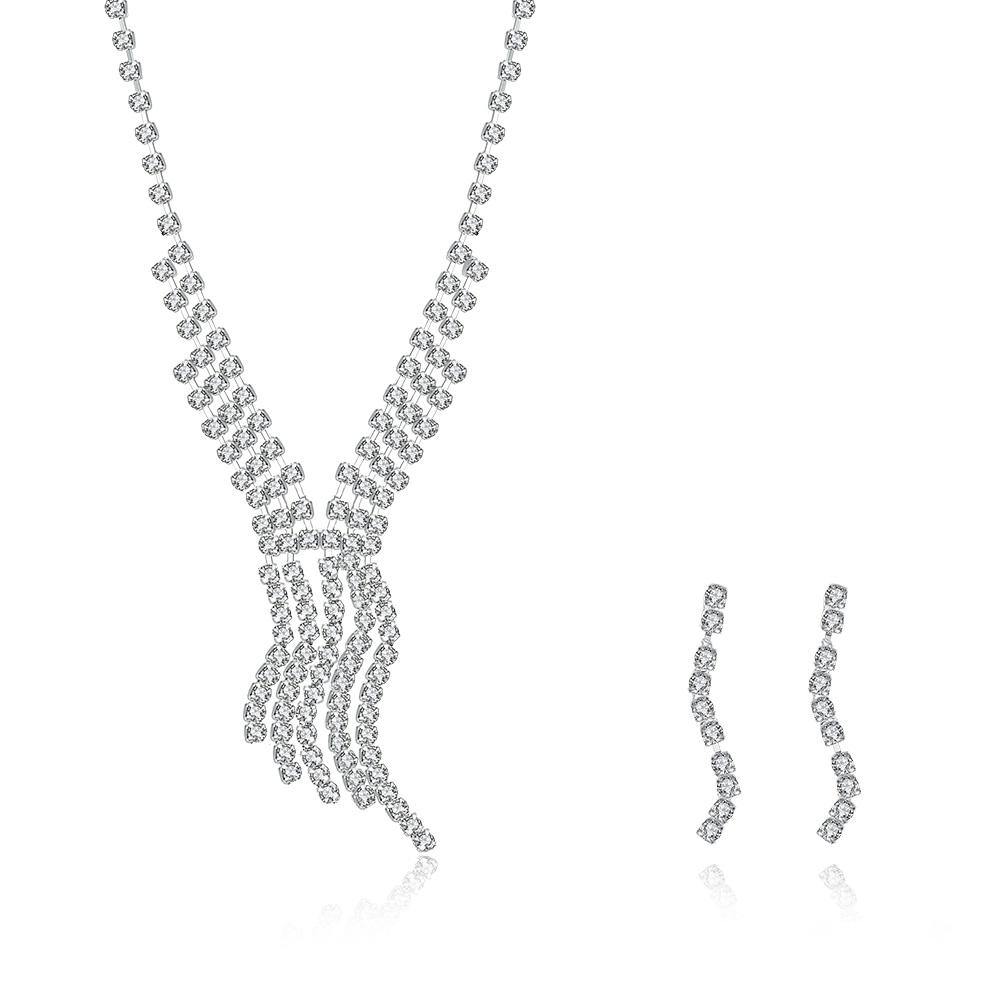Simple Romantic Wedding Geometric Tassel Necklace and Earring Set with Cubic Zircon - Glamorousky