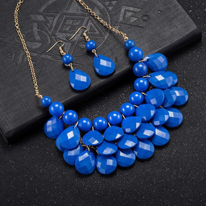 Fashion Exaggerated Plated Gold Blue Geometric Necklace and Earring Set - Glamorousky