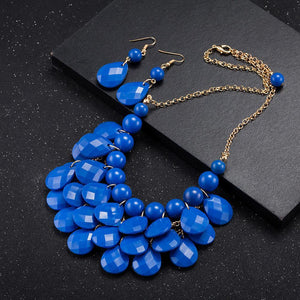 Fashion Exaggerated Plated Gold Blue Geometric Necklace and Earring Set - Glamorousky