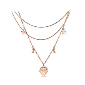 Fashion Plated Rose Gold Titanium Steel Sun Star Moon Multilayer Necklace - Glamorousky