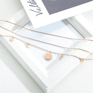 Fashion Plated Rose Gold Titanium Steel Sun Star Moon Multilayer Necklace - Glamorousky