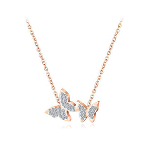 Fashion and Elegant Plated Rose Gold Titanium Steel Double Butterfly Necklace with Cubic Zircon - Glamorousky