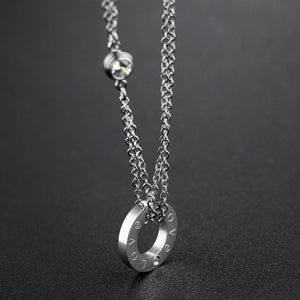 Simple and Romantic Titanium Steel LOVE Geometric Round Pendant with Cubic Zircon and Necklace - Glamorousky