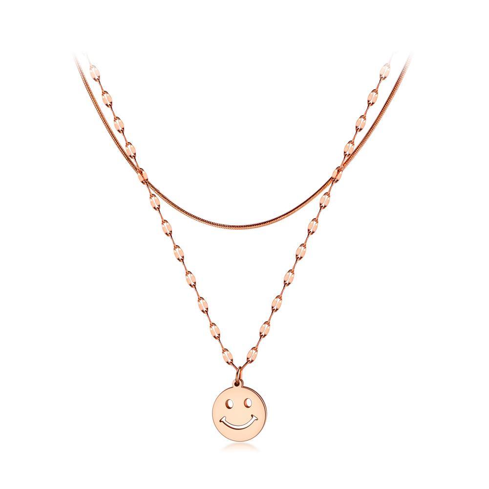 Fashion Cute Plated Rose Gold Titanium Steel Smiley Pendant with Double Necklace - Glamorousky
