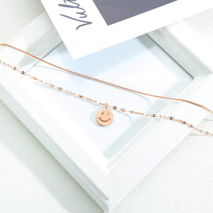 Fashion Cute Plated Rose Gold Titanium Steel Smiley Pendant with Double Necklace - Glamorousky