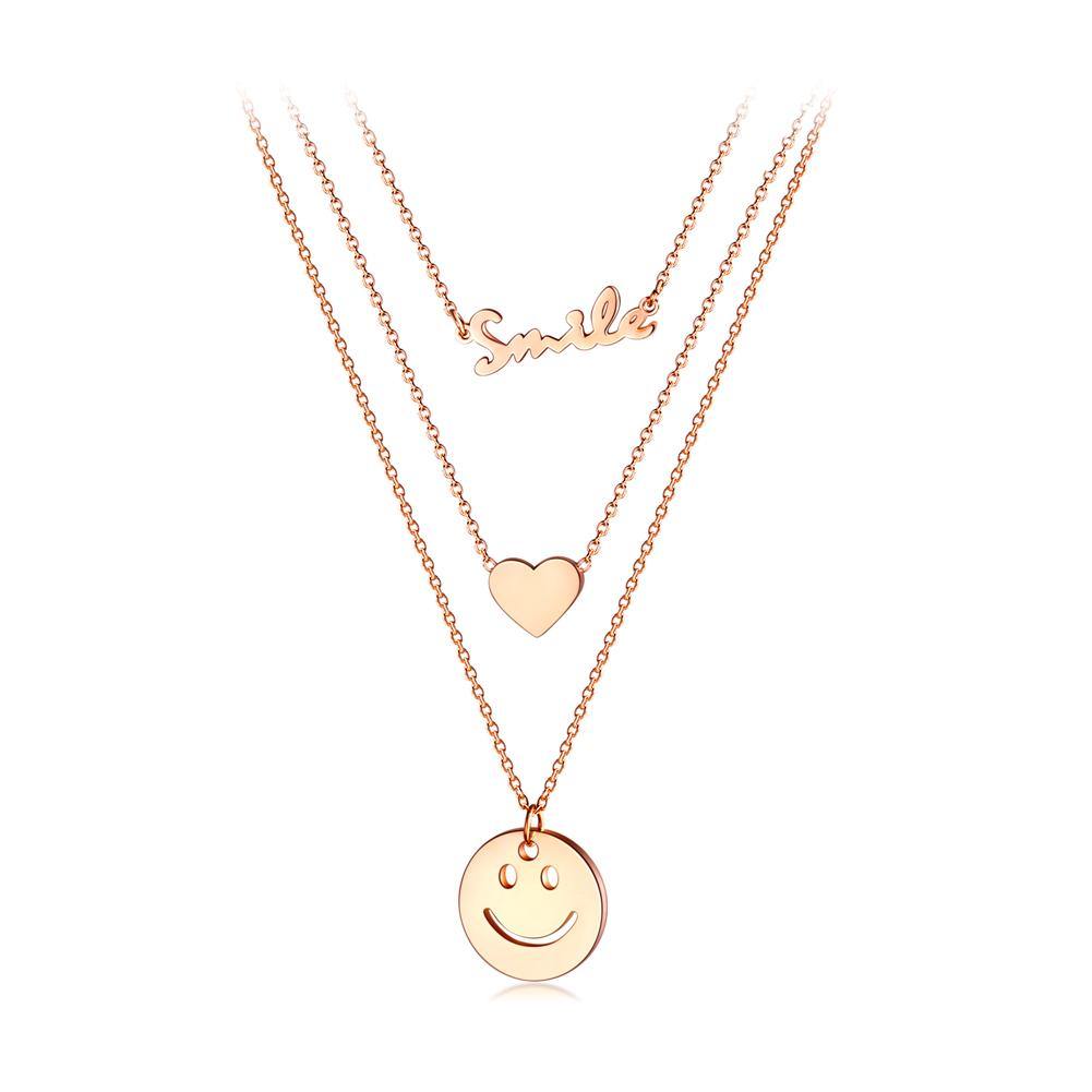 Fashion Simple Plated Rose Gold Titanium Steel Heart Shaped Smiley Pendant with Multi-layer Necklace - Glamorousky