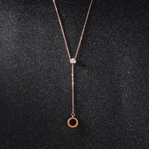 Simple Fashion Plated Rose Gold Titanium Steel Geometric Round Tassel Pendant with Cubic Zircon and Necklace - Glamorousky