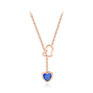 Simple and Sweet Plated Rose Gold Titanium Steel Heart Necklace with Blue Cubic Zircon - Glamorousky