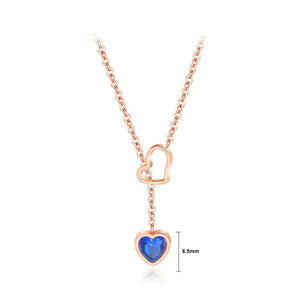 Simple and Sweet Plated Rose Gold Titanium Steel Heart Necklace with Blue Cubic Zircon - Glamorousky