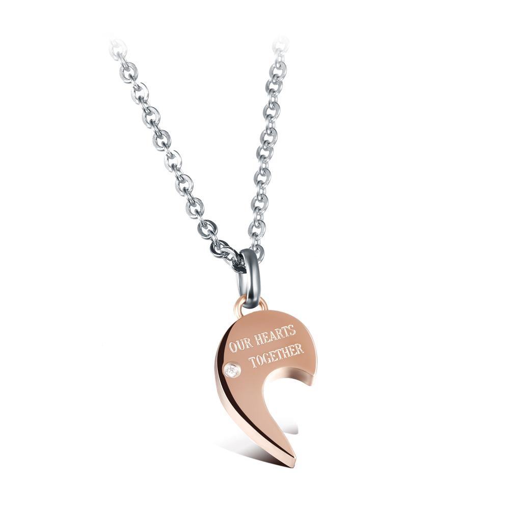 Simple and Romantic Titanium Steel Rose Gold Heart-shaped Puzzle Pendant with Cubic Zircon and Necklace - Glamorousky