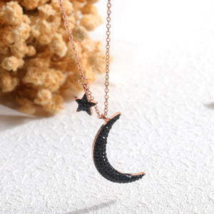 Fashion Simple Plated Rose Gold Titanium Steel Moon Star Pendant with Black Cubic Zircon and Necklace - Glamorousky