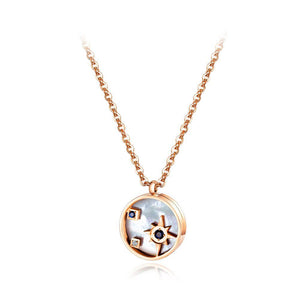Fashion Elegant Plated Rose Gold Titanium Steel Star Geometric Round Pendant with Cubic Zircon and Necklace - Glamorousky