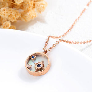 Fashion Elegant Plated Rose Gold Titanium Steel Star Geometric Round Pendant with Cubic Zircon and Necklace - Glamorousky