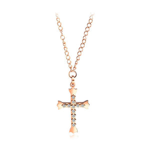 Fashion Classic Plated Rose Gold Titanium Steel Cross Pendant with Cubic Zircon and Necklace - Glamorousky
