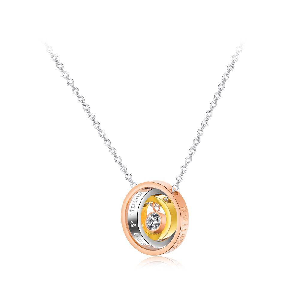 Fashion Simple Titanium Steel Rose Gold Mother Love Geometric Round Pendant with Cubic Zircon and Necklace - Glamorousky