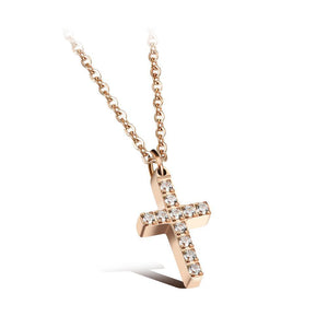 Classic Brilliant Plated Rose Gold Titanium Steel Cross Pendant with Cubic Zircon and Necklace - Glamorousky