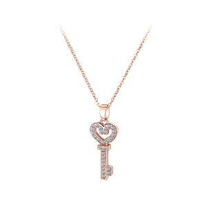 Fashion Romantic Plated Rose Gold Heart Key Pendant with Cubic Zircon and Necklace - Glamorousky