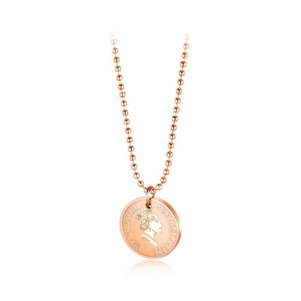Fashion Plated Rose Gold Titanium Steel Elizabeth Coin Round Pendant with Necklace - Glamorousky