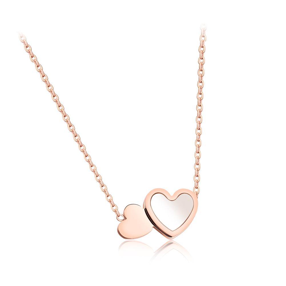 Fashion Romantic Plated Rose Gold Double Heart Mother Of Pearl Titanium Steel Necklace - Glamorousky