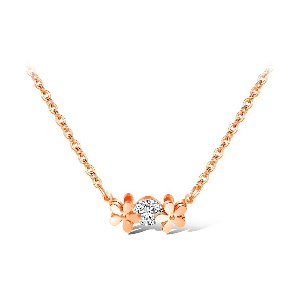 Fashion Elegant Plated Rose Gold Titanium Steel Flower Necklace with Cubic Zircon - Glamorousky