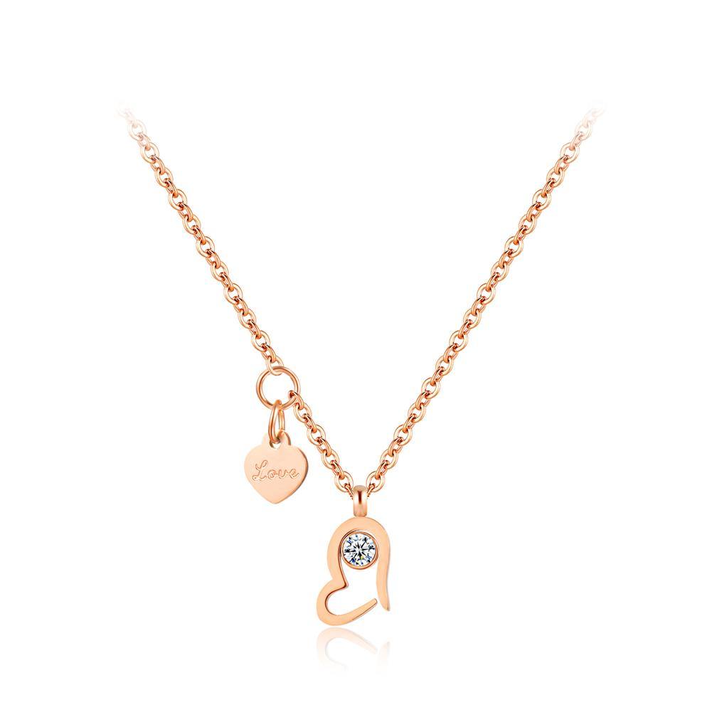 Fashion Simple Plated Rose Gold Titanium Steel Heart Pendant with Cubic Zircon and Necklace - Glamorousky