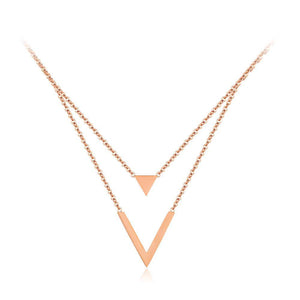 Simple and Fashion Plated Rose Gold Triangle V-shaped Titanium Steel Double Necklace - Glamorousky