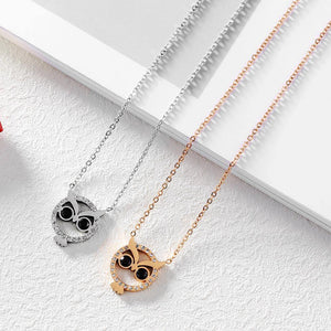 Fashion Cute Owl Titanium Steel Necklace with Black Cubic Zircon - Glamorousky