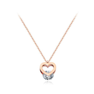 Simple and Romantic Plated Rose Gold Titanium Steel Hollow Heart Pendant with Cubic Zircon and Necklace - Glamorousky