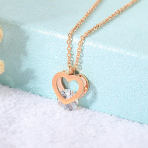Simple and Romantic Plated Rose Gold Titanium Steel Hollow Heart Pendant with Cubic Zircon and Necklace - Glamorousky