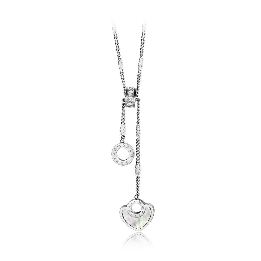 Fashion Elegant Titanium Steel Geometric Round Heart Tassel Necklace with Cubic Zircon - Glamorousky